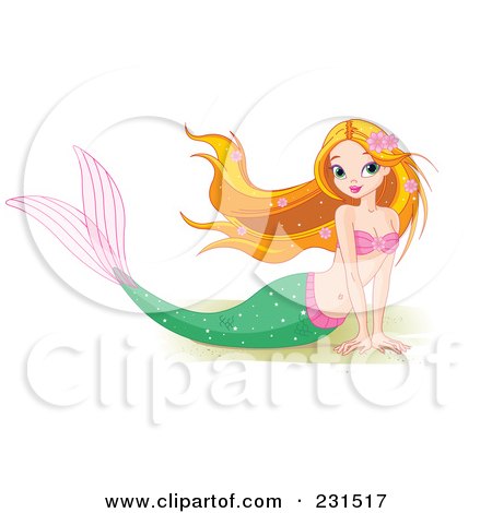 Royalty-Free (RF) Clipart Illustration of a Beautiful Mermaid Resting On Sand by Pushkin