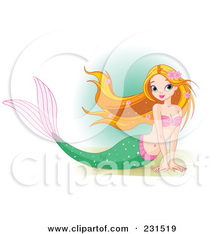 Royalty-Free (RF) Clipart Illustration of a Pretty Mermaid Resting On Sand by Pushkin