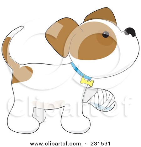 Royalty-Free (RF) Clipart Illustration of a Cute Puppy Dog Walking With A Bandaged Paw by Maria Bell