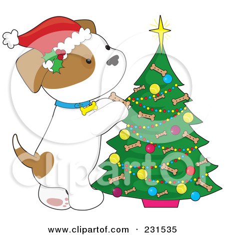 Royalty-Free (RF) Clipart Illustration of a Cute Puppy Dog Decorating A Christmas Tree With Tennis Ball And Dog Bone Biscuit Ornaments by Maria Bell