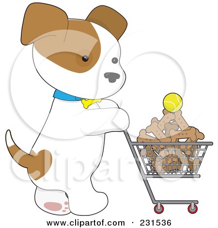 Royalty-Free (RF) Clipart Illustration of a Cute Puppy Dog Pushing A Shopping Cart Full Of Dog Bone Biscuits And A Tennis Ball by Maria Bell