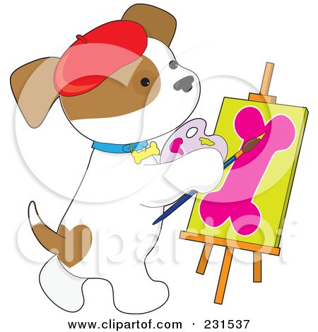 Royalty-Free (RF) Clipart Illustration of a Cute Puppy Dog Painting A Dog Bone On Canvas by Maria Bell