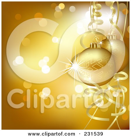 Royalty-Free (RF) Clipart Illustration of a Golden Christmas Bauble Background With Ribbons And Sparkles by dero