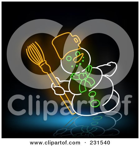 Royalty-Free (RF) Clipart Illustration of a Neon Snowman With A Broom On Black And Blue by dero