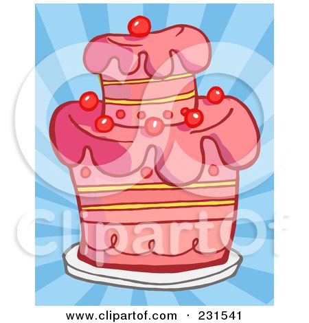 Royalty-Free (RF) Clipart Illustration of a Pink Birthday Cake With Cherries Over Blue Rays by Hit Toon
