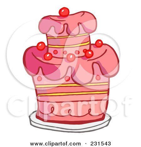 Royalty-Free (RF) Clipart Illustration of a Pink Birthday Cake With Cherries by Hit Toon