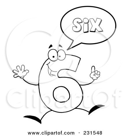 Royalty-Free (RF) Clipart Illustration of a Coloring Page Outline Of A Number Six Character Saying Six by Hit Toon