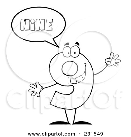 Royalty-Free (RF) Clipart Illustration of a Coloring Page Outline Of A Number Nine Character Saying Nine by Hit Toon