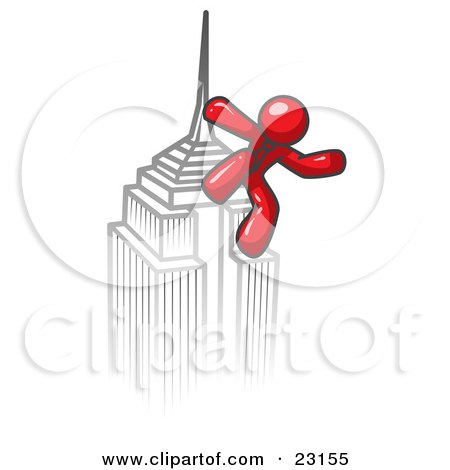 Clipart Illustration of a Red Man Climbing to the Top of a Skyscraper Tower Like King Kong, Success, Achievement by Leo Blanchette