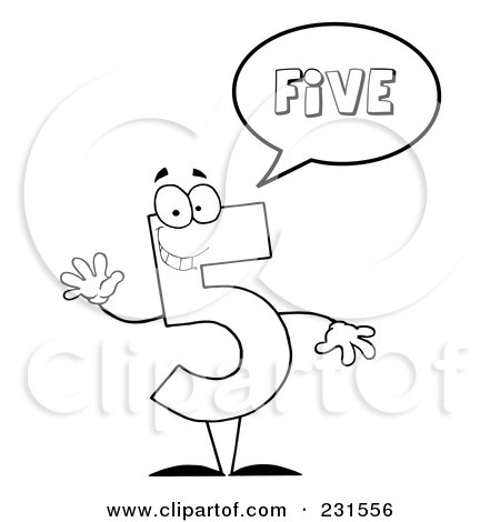 Royalty-Free (RF) Clipart Illustration of a Coloring Page Outline Of A Number Five Character Saying Five by Hit Toon