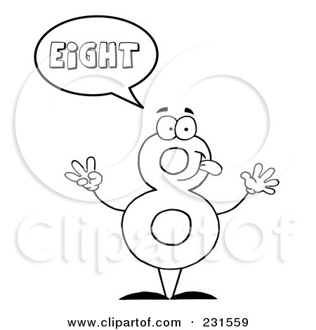Royalty-Free (RF) Clipart Illustration of a Coloring Page Outline Of A Number Eight Character Saying Eight by Hit Toon