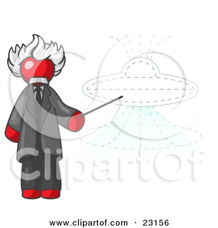 Clipart Illustration of a Red Einstein Man Pointing a Stick at a Presentation of a Flying Saucer by Leo Blanchette
