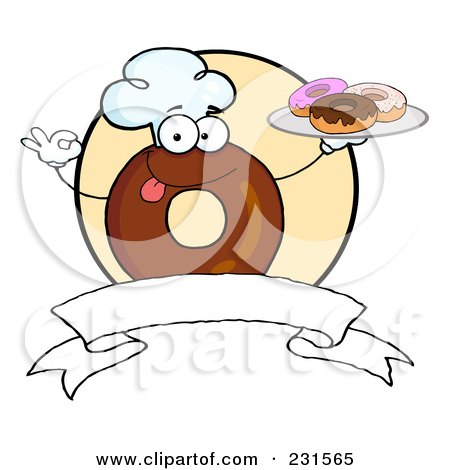 Royalty-Free (RF) Clipart Illustration of a Donut Character Wearing A Chef Hat And Serving Donuts Over A Blank Banner And Yellow Circle by Hit Toon