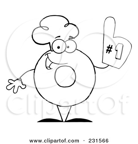 Royalty-Free (RF) Clipart Illustration of a Coloring Page Outline Of A Donut Character Wearing A Chef Hat And Wearing A Number One Glove by Hit Toon