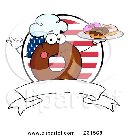 Royalty-Free (RF) Clip Art Illustration of a Donut Character Wearing A Chef Hat And Serving Donuts Over A Blank Banner And American Circle by Hit Toon