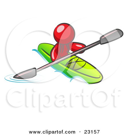 Clipart Illustration of a Red Man Paddling Down A River In A Green Kayak by Leo Blanchette