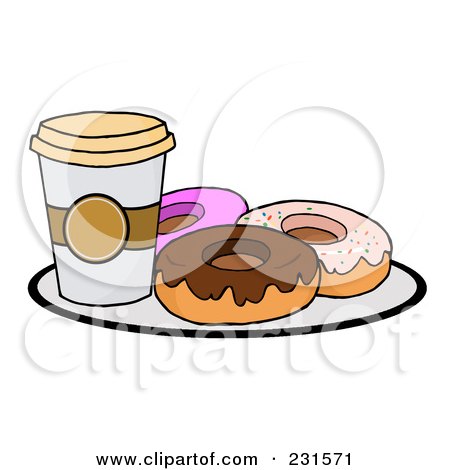 Royalty-Free (RF) Clipart Illustration of a Cup Of Coffee On A Plate With Donuts by Hit Toon
