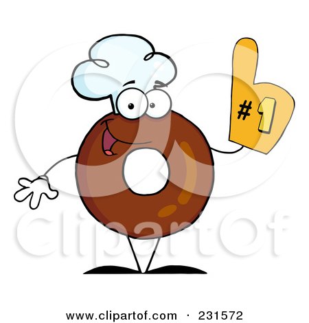 Royalty-Free (RF) Clipart Illustration of a Donut Character Wearing A Chef Hat And Wearing A Number One Glove - 1 by Hit Toon