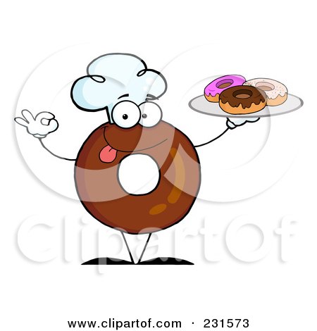 Royalty-Free (RF) Clipart Illustration of a Donut Character Wearing A Chef Hat And Serving Donuts - 1 by Hit Toon