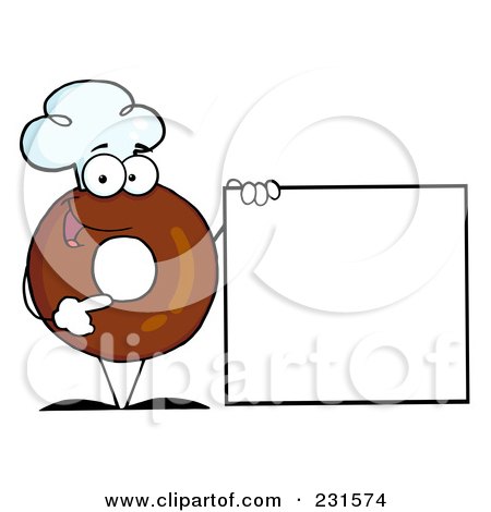 Royalty-Free (RF) Clipart Illustration of a Donut Character Wearing A Chef Hat And Standing By A Blank Sign - 1 by Hit Toon