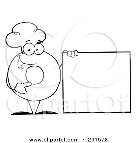 Royalty-Free (RF) Clipart Illustration of a Coloring Page Outline Of A Donut Character Wearing A Chef Hat And Standing By A Blank Sign by Hit Toon