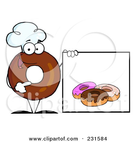 Royalty-Free (RF) Clipart Illustration of a Donut Character Wearing A Chef Hat And Standing By A Blank Sign - 3 by Hit Toon