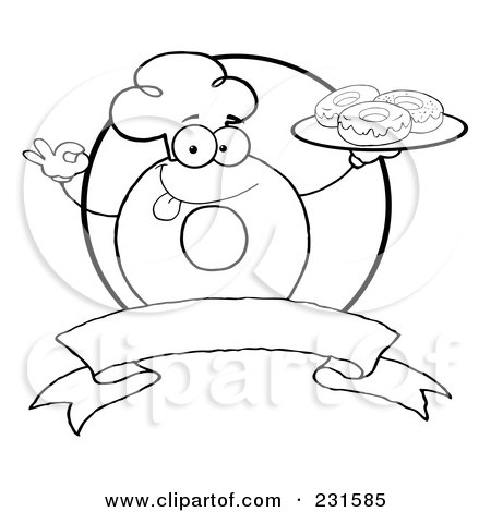 Royalty-Free (RF) Clipart Illustration of an Outline Of A Donut Character Wearing A Chef Hat And Serving Donuts Over A Blank Banner And Circle by Hit Toon