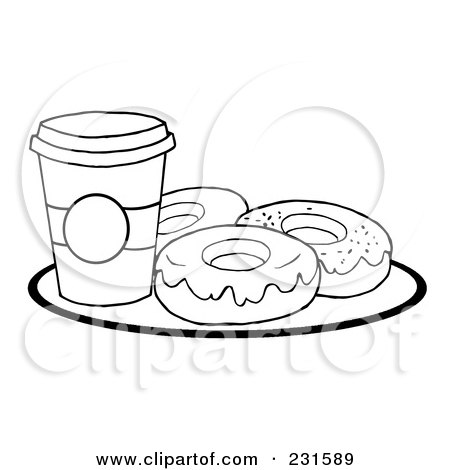 Royalty-Free (RF) Clipart Illustration of a Coloring Page Outline Of A Cup Of Coffee On A Plate With Donuts by Hit Toon