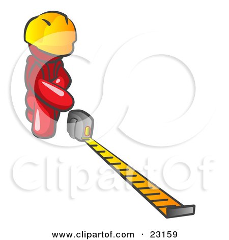 Clipart Illustration of a Red Man Contractor Wearing A Hardhat, Kneeling And Measuring by Leo Blanchette
