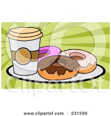 Royalty-Free (RF) Clipart Illustration of a Cup Of Coffee On A Plate With Donuts Over Green Rays by Hit Toon