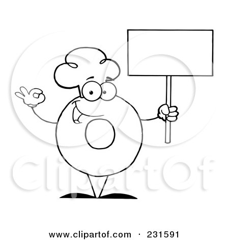 Royalty-Free (RF) Clipart Illustration of a Coloring Page Outline Of A Donut Character Wearing A Chef Hat And Holding A Blank Sign by Hit Toon