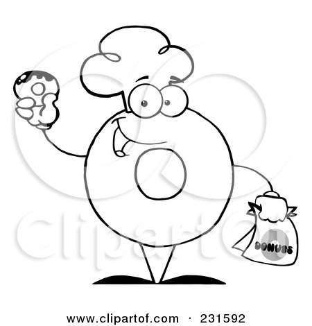Royalty-Free (RF) Clipart Illustration of a Coloring Page Outline Of A Donut Character Wearing A Chef Hat And Holding A Donut by Hit Toon