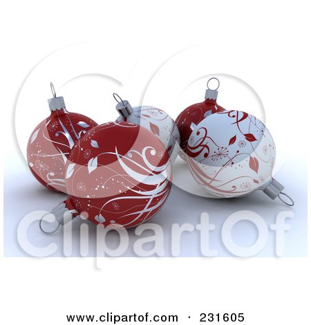 Royalty-Free (RF) Clipart Illustration of 3d Red And White Floral Patterned Christmas Baubles by KJ Pargeter