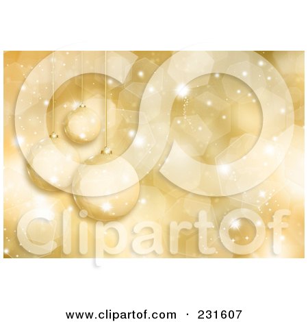 Royalty-Free (RF) Clipart Illustration of a Golden Sparkle Christmas Background With Three Ornaments by KJ Pargeter
