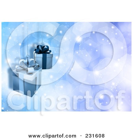Royalty-Free (RF) Clipart Illustration of a Blue Christmas Background With Two Gifts On Blue Sparkles by KJ Pargeter