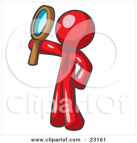 Clipart Illustration of a Red Man Holding Up A Magnifying Glass And Peering Through It While Investigating Or Researching Something  by Leo Blanchette