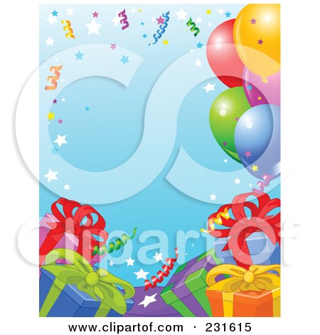 Royalty-Free (RF) Clipart Illustration of a Party Border Of Presents, Ribbons And Balloons Over Blue by Pushkin