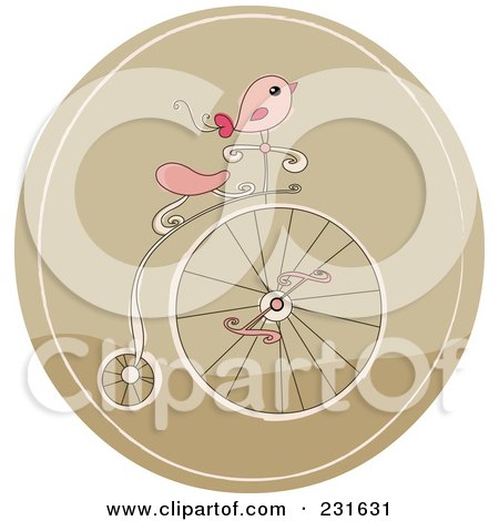 Royalty-Free (RF) Clipart Illustration of a Pink Bird On A Retro Penny Farthing Bicycle In A Brown Circle by yayayoyo