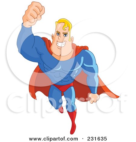 Royalty-Free (RF) Clipart Illustration of a Flying Strong Blond Male Super Hero by yayayoyo
