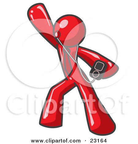 Clipart Illustration of a Red Man Dancing and Listening to Music With an MP3 Player  by Leo Blanchette
