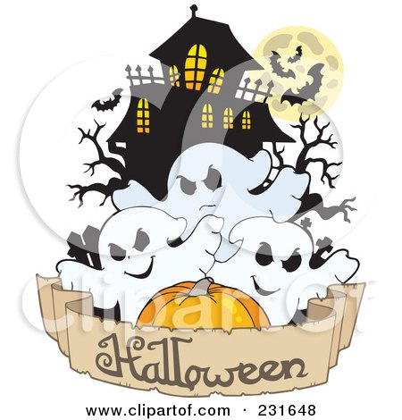 Royalty-Free (RF) Clipart Illustration of a Haunted Mansion With Three Ghosts And A Banner by visekart