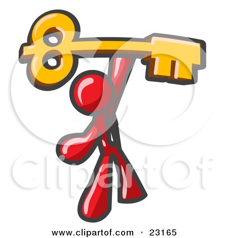 Clipart Illustration of a Red Businessman Holding A Large Golden Skeleton Key, Symbolizing Success by Leo Blanchette