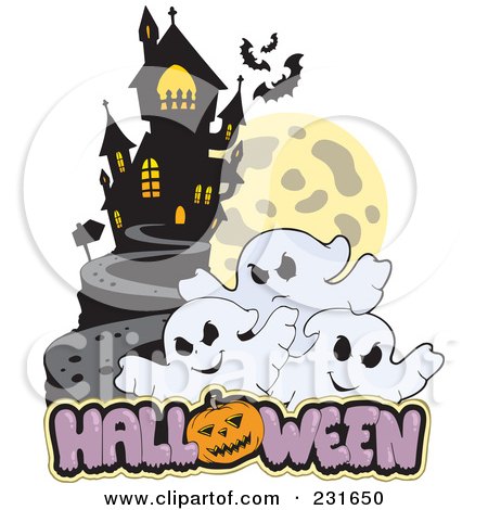 Royalty-Free (RF) Clipart Illustration of a Haunted Mansion With Three Ghosts And Halloween Text - 3 by visekart