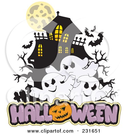 Royalty-Free (RF) Clipart Illustration of a Haunted Mansion With Three Ghosts And Halloween Text - 1 by visekart