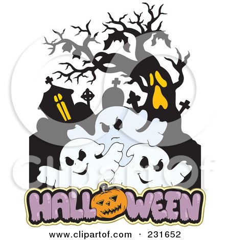 Royalty-Free (RF) Clipart Illustration of a Haunted Mansion With Three Ghosts And Halloween Text - 2 by visekart