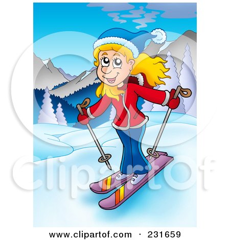 Royalty-Free (RF) Clipart Illustration of a Girl Skiing In A Mountainous Landscape by visekart