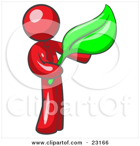 Clipart Illustration of a Red Man Holding A Green Leaf, Symbolizing Gardening, Landscaping Or Organic Products by Leo Blanchette