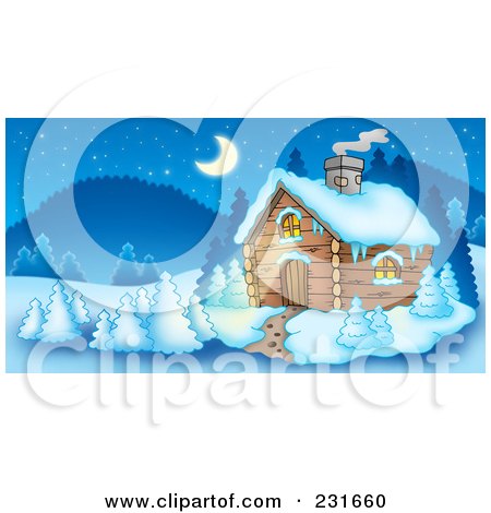 Royalty-Free (RF) Clipart Illustration of a Log Cabin In A Mountainous Landscape by visekart