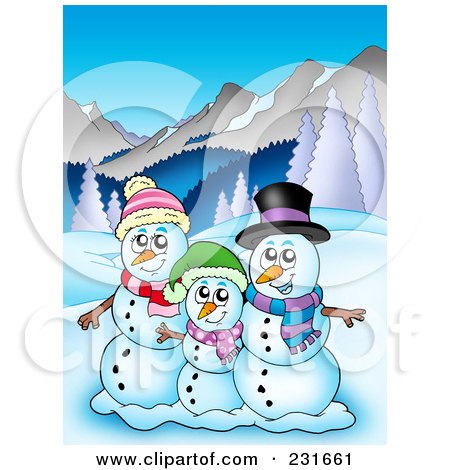 Royalty-Free (RF) Clipart Illustration of a Happy Snowman Family In A Mountainous Landscape by visekart