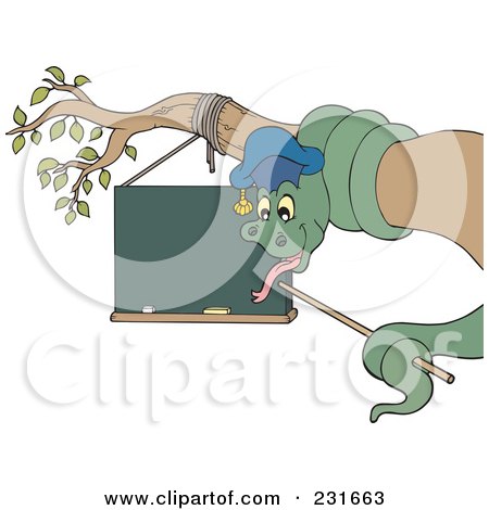 Royalty-Free (RF) Clipart Illustration of a Professor Snake Coiled Around A Branch And Pointing At A Blank Chalk Board by visekart